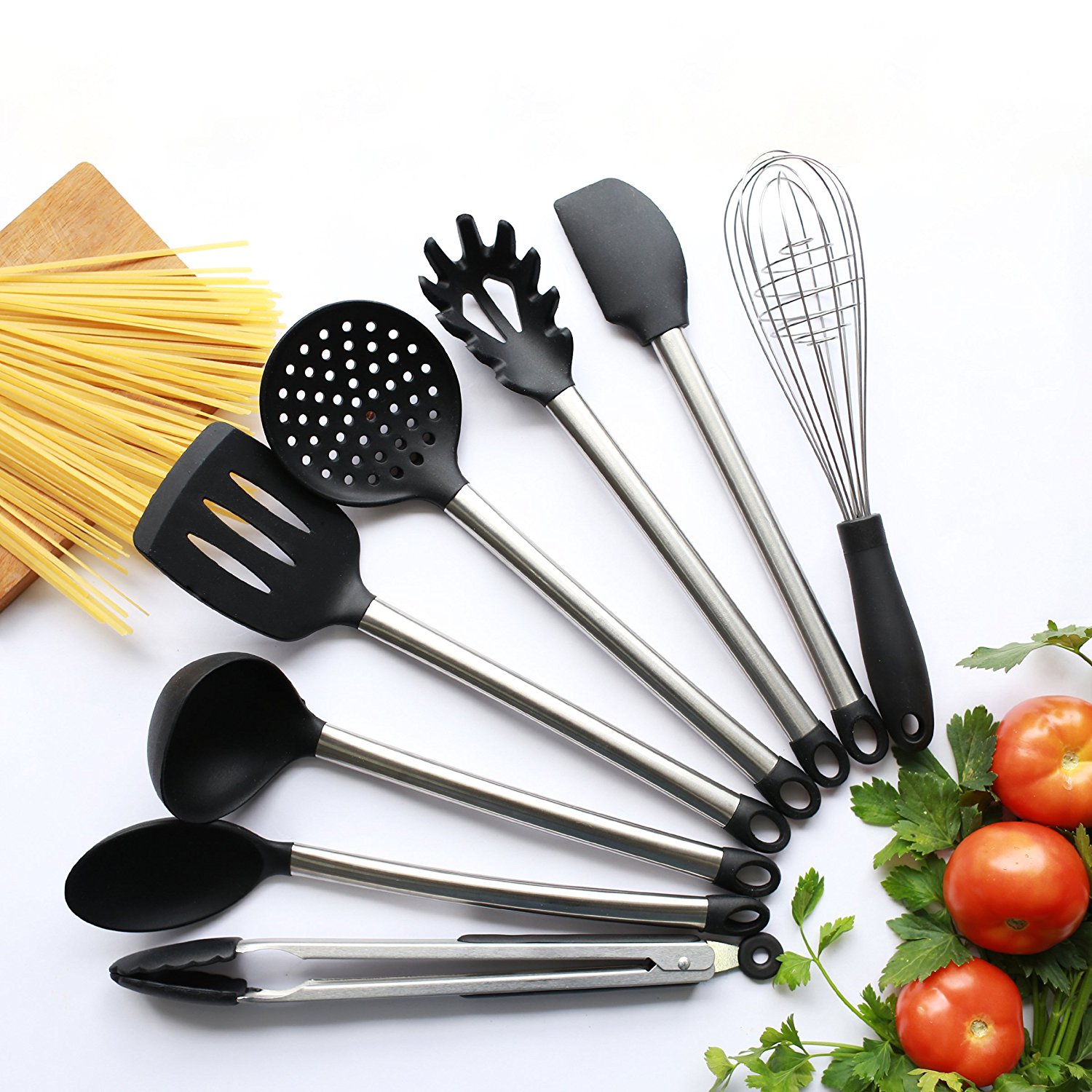 8 Piece kitchen utensils set of Stainless Steel and Black Silicon