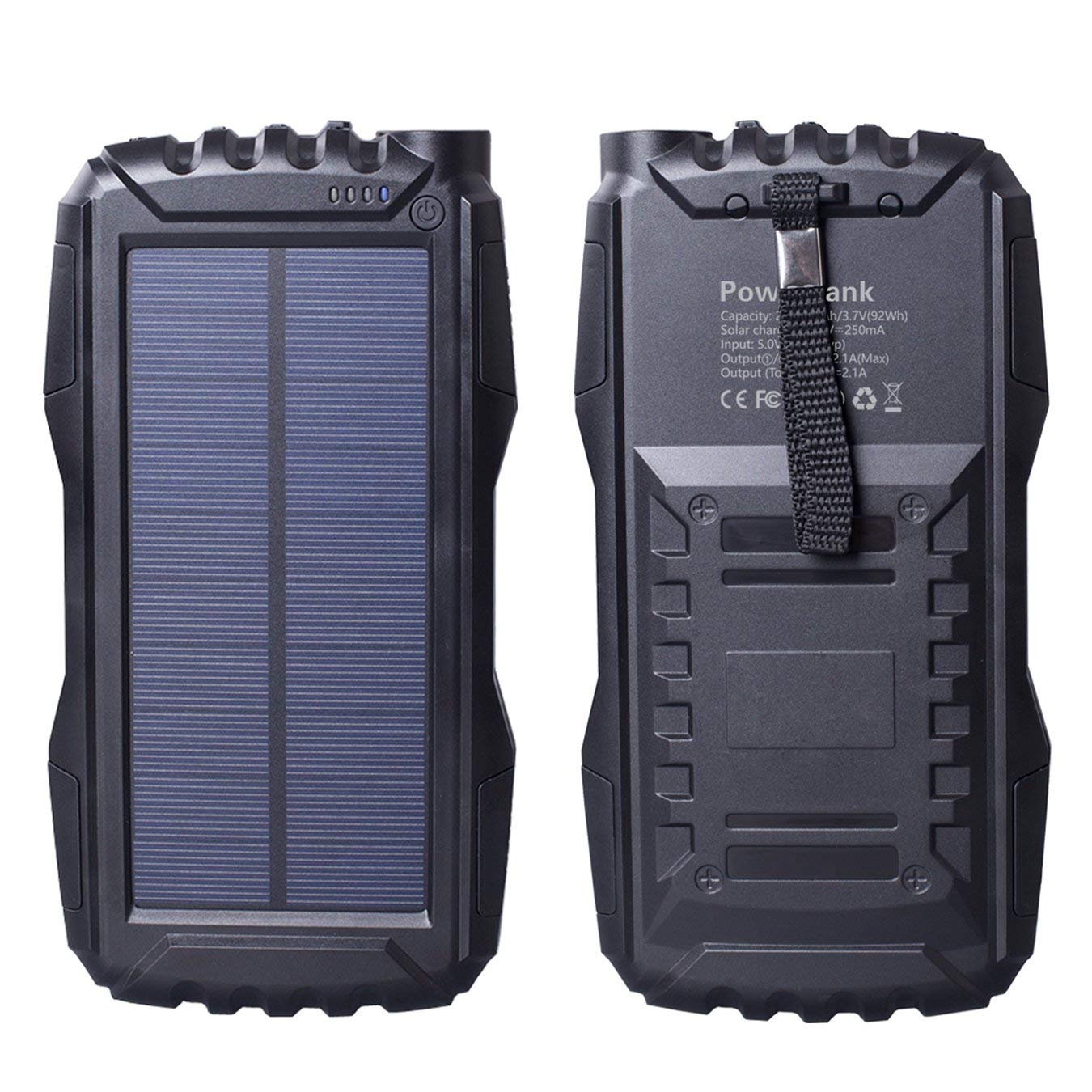 Solar Charger, Friengood Portable 25000mAh Solar Power Bank, Waterproof Solar External Battery Pack with Dual USB Ports and Flashlight for iPhone, iPad, Samsung, Android Phones and More (Black)