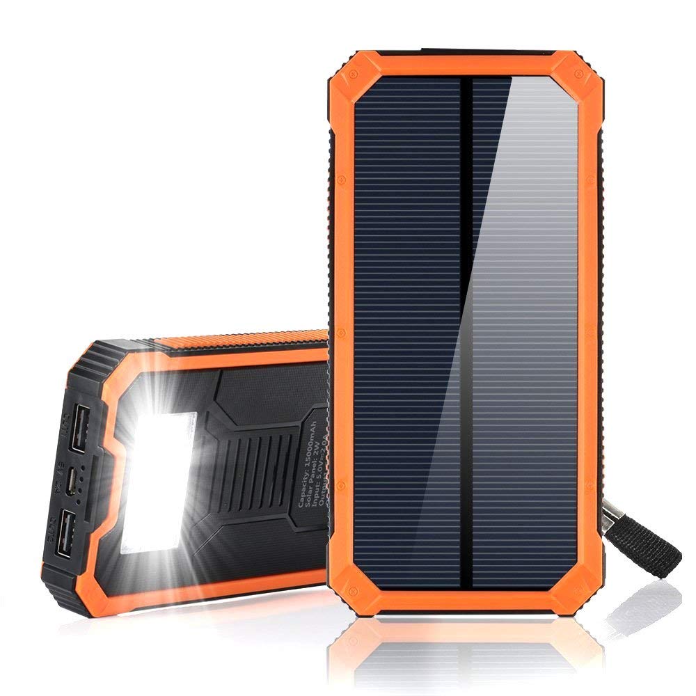  F.DORLA 15000mAh Solar Power Bank, Solar Charger Portable Dual USB Solar Phone Charger, Fast Charging External Battery Pack with 6 LED Flashlight for Cellphones Tablet Camera and More (Orange)