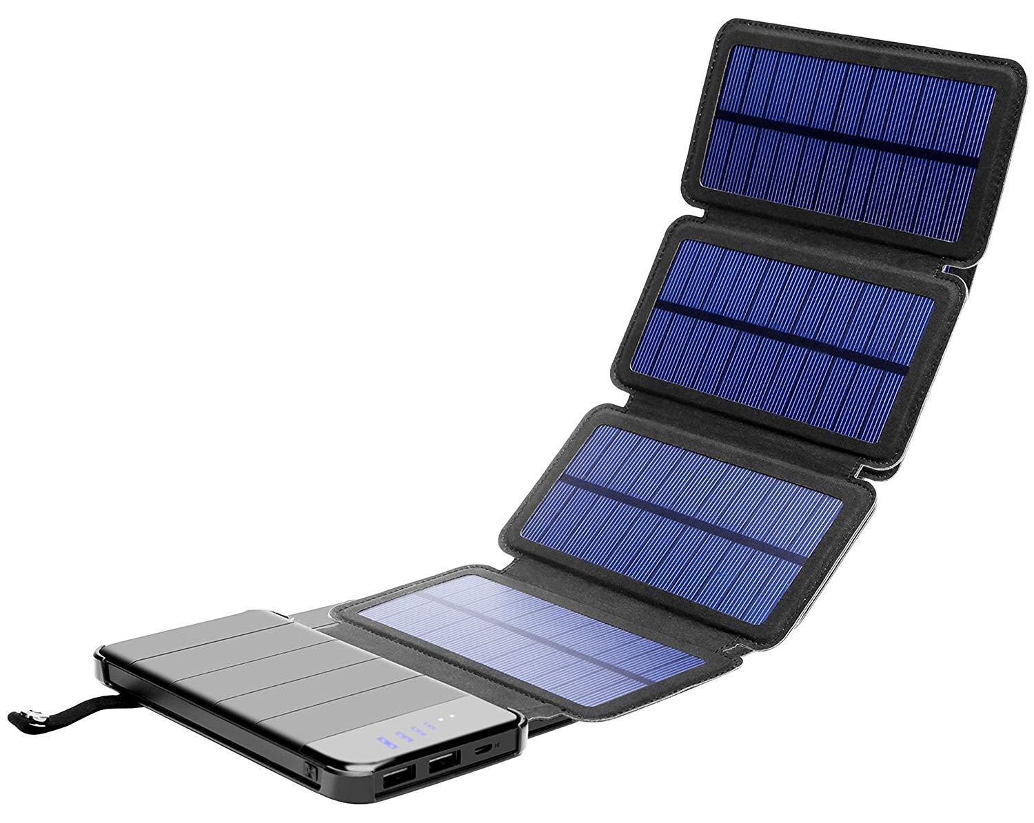 Solar Phone Charger 10.000mAh Power Bank-Portable Smartphone & iPhone Battery + Emergency Flashlight(2) USB Ports+(4) Foldable Solar Panels-Fast Charging Smart IC Hiking Camping